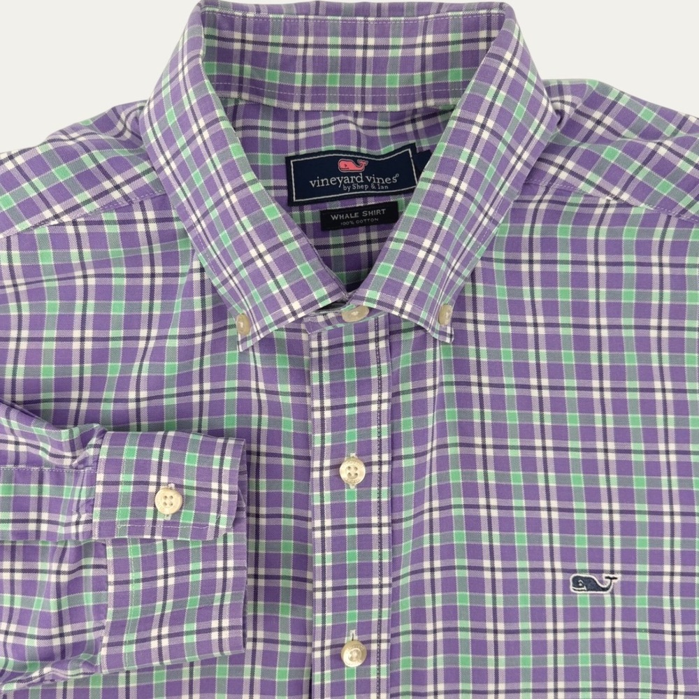Vineyard Vines Whale Shirt‎ Mens XL Purple Green Plaid Long Sleeve Button Down
